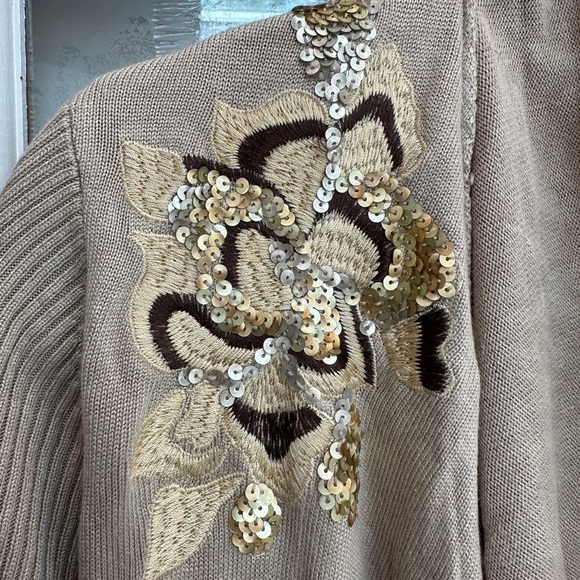 Vintage Cache Knit Silk Blend Tan Cardigan Gold Sequin Floral Embroidery Size S - Picture 11 of 13